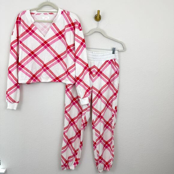 Colsie Womens Matching Lounge Set Size S/M Plaid Fleece Comfy Jogger Red - Picture 1 of 11